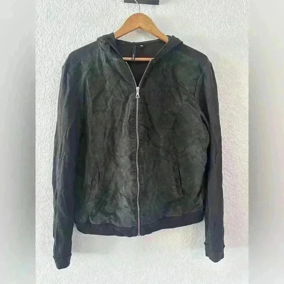 Joes bomber jacket Size Large Charcoal Grey/Black LEATHER and 100% Cotton unisex - Picture 1 of 7